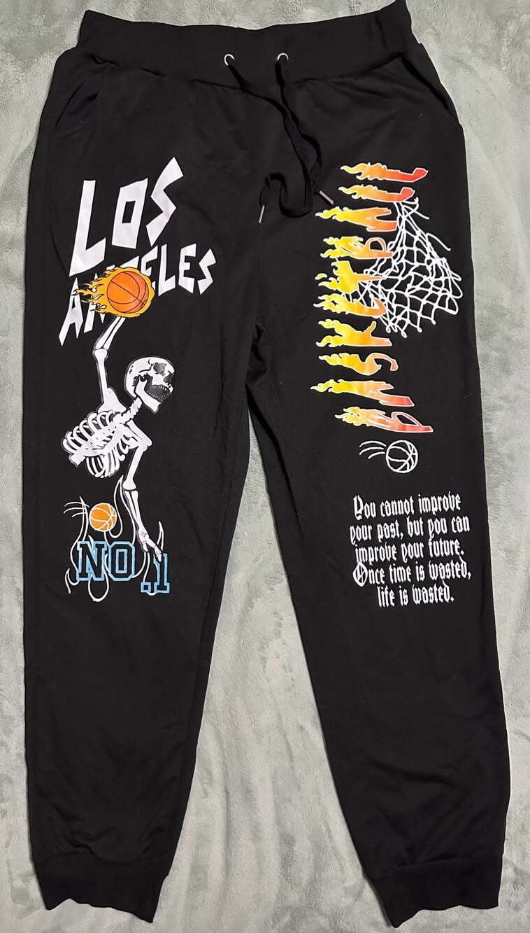ROMWE MEN Street Life Skull & Fire Print Drawstring Waist Sweatpants, Large